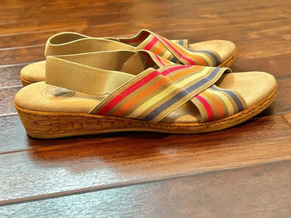 Charleston Shoe Co. Atlantic Stripe Elastic Cross-Strap Wedge Sandals Resort